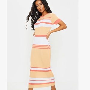 Peach Stripe Fine Knit Bodycon Midi Dress